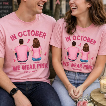 Personalized Classic Tee, Seated Couple in Pink October Design, Unique Breast Cancer Support Gift for Wife