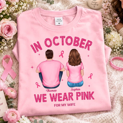 Personalized Classic Tee, Seated Couple in Pink October Design, Unique Breast Cancer Support Gift for Wife