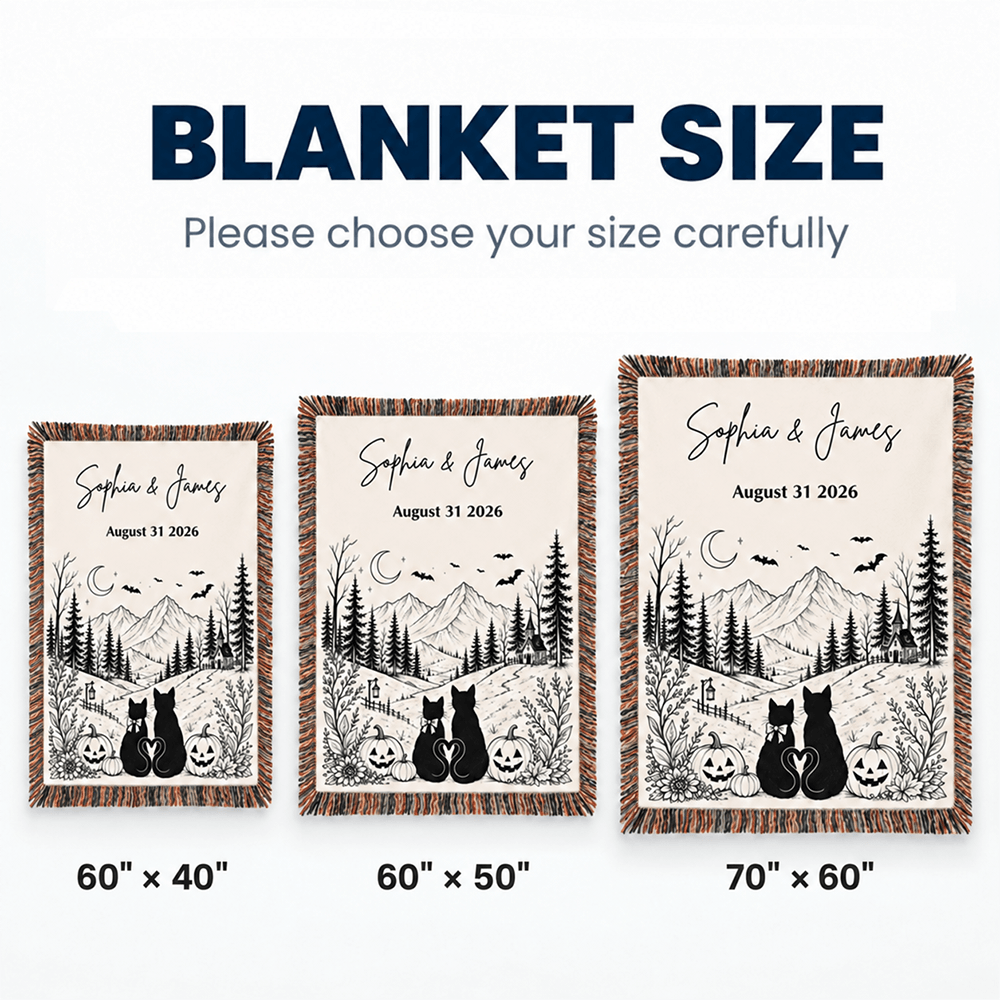 Custom Vintage Halloween Woven Blanket with Black Cat Couple & Moonlit Mountain Scene, Personalized Anniversary Gift