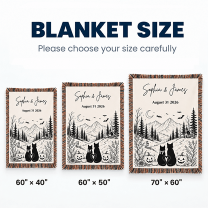 Custom Vintage Halloween Woven Blanket with Black Cat Couple & Moonlit Mountain Scene, Personalized Anniversary Gift