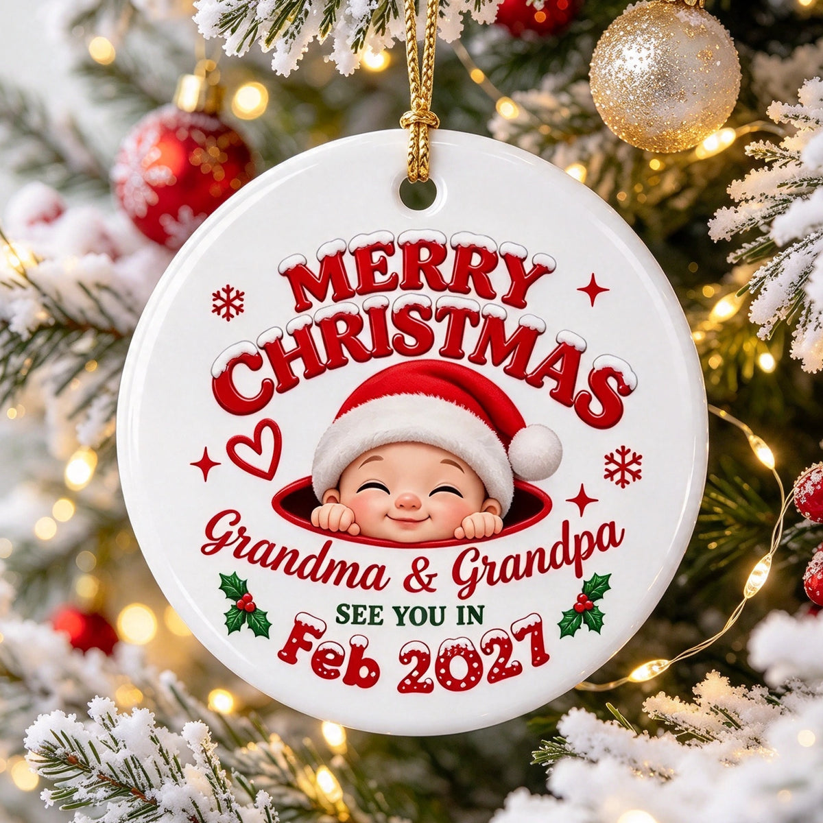 Personalized Ceramic Ornament, Merry Christmas Baby Announcement, Creative Gift for Expecting Grandparents