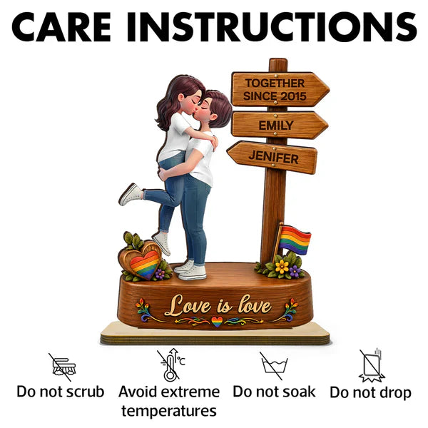 Personalized 2-Layer Wooden Plaque with Kissing LGBT Couple, Unique Gift for Partners & Pride Decor