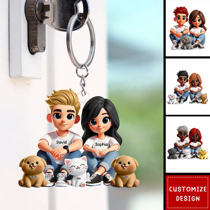 Personalized Acrylic Keychain – Cute Couple Cartoon Keychain with Names and Pet, Perfect Gift for Couples, Custom Love Keepsake for Family and Relationship Celebrations