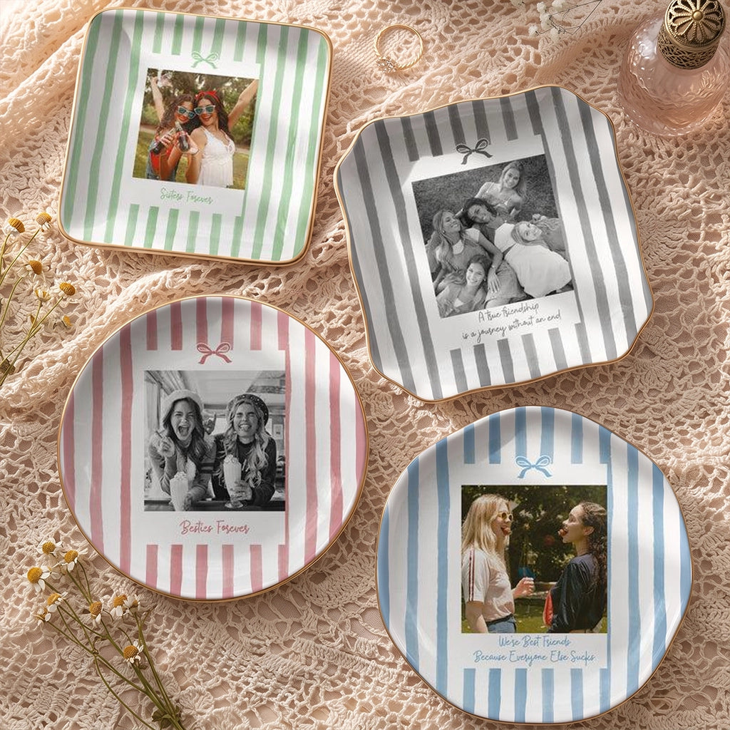 Personalized Jewelry Dish with Friend Photo and Striped Bow, Unique Gift for Best Friend