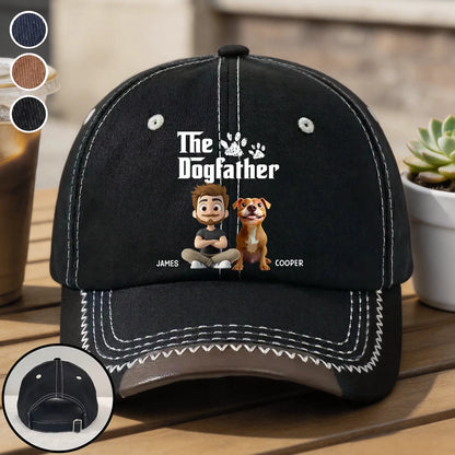 Personalized Leather Brim Cotton Cap, The Dogfather Cartoon Dog Dad Unique Gift for Dog Lovers