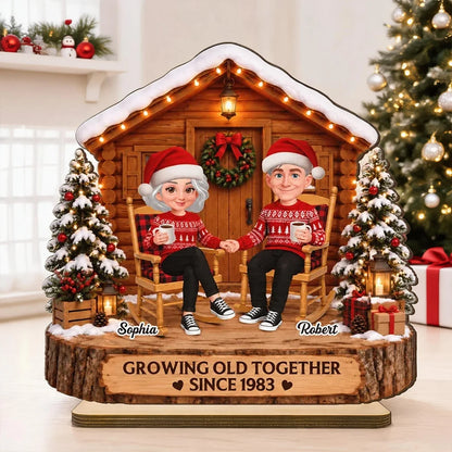 Personalized 2-Layer Wooden Plaque, Couple Holding Hands by a Christmas Cabin, Unique Anniversary Gift