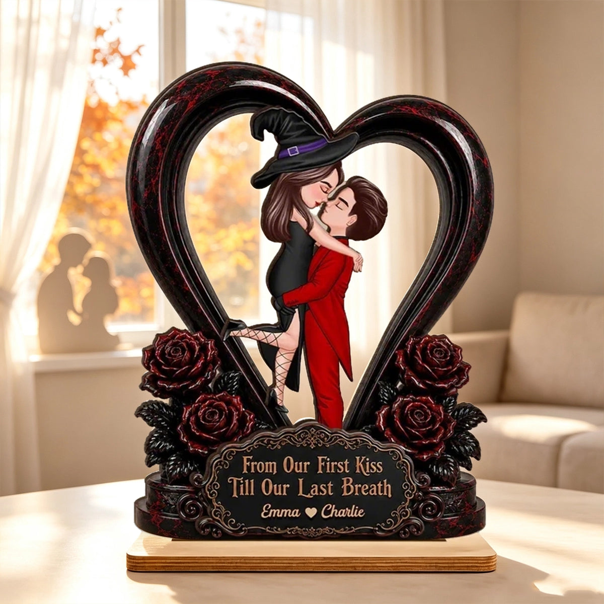 Personalized 2-Layer Wooden Plaque, Halloween Couple Kiss, Unique Gift for Boyfriend or Girlfriend