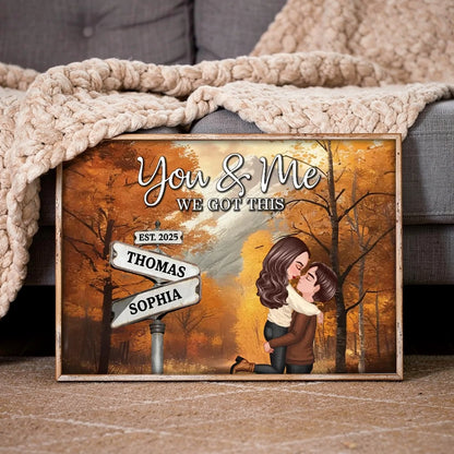 Personalized Couple Kissing at Crossroads Street Sign Poster, Cozy Autumn Wall Art, Unique Gift for Couples