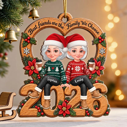 Personalized Wooden Ornament, Friends Sitting with Coffee in Festive Red and Green, Unique Christmas Gift for a Friend