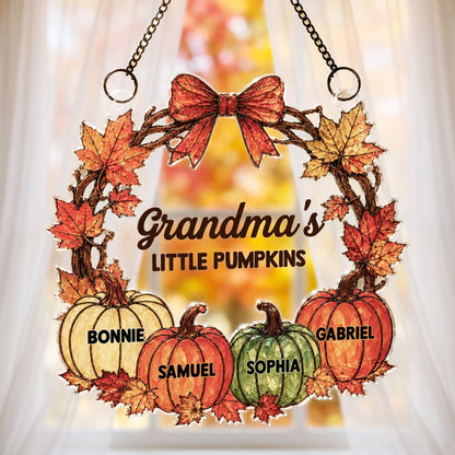 Personalized Acrylic Suncatcher Ornament with Fall Pumpkins, Unique Gift for Grandma's Sunlit Window