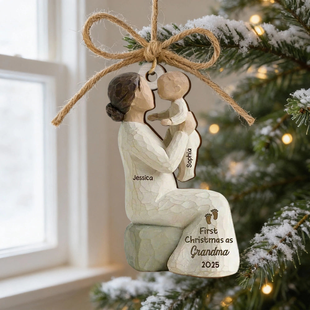 Personalized Wooden Ornament, Mom Holding Baby Sculpted Keepsake, Warm Neutral Rustic Decor, Unique Gift for New Mom or Grandma