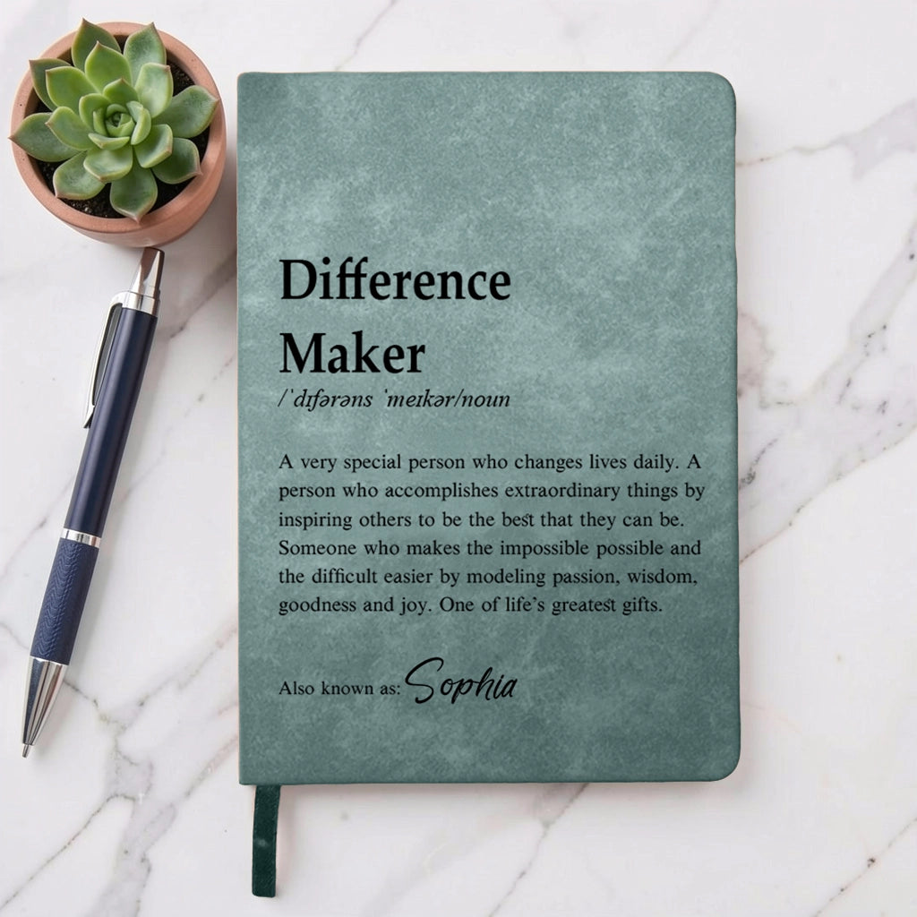 Personalized Leather Journal with Dictionary Style Difference Maker Quote, Unique Gift for Teacher or Mentor