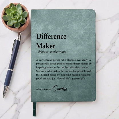 Personalized Leather Journal with Dictionary Style Difference Maker Quote, Unique Gift for Teacher or Mentor