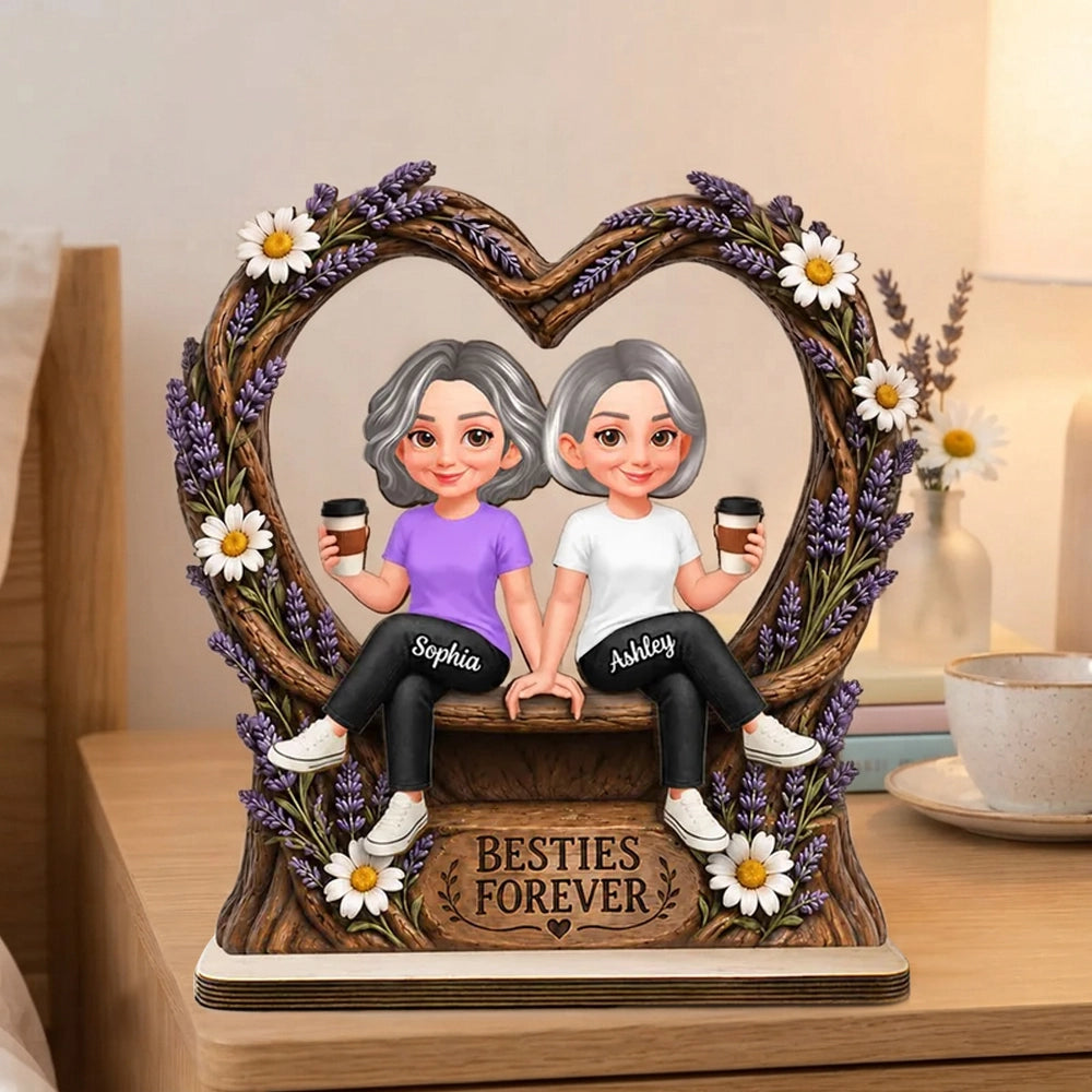 Personalized 2-Layer Wooden Plaque with Sitting Friends, Lavender Heart, Unique Gift for Besties