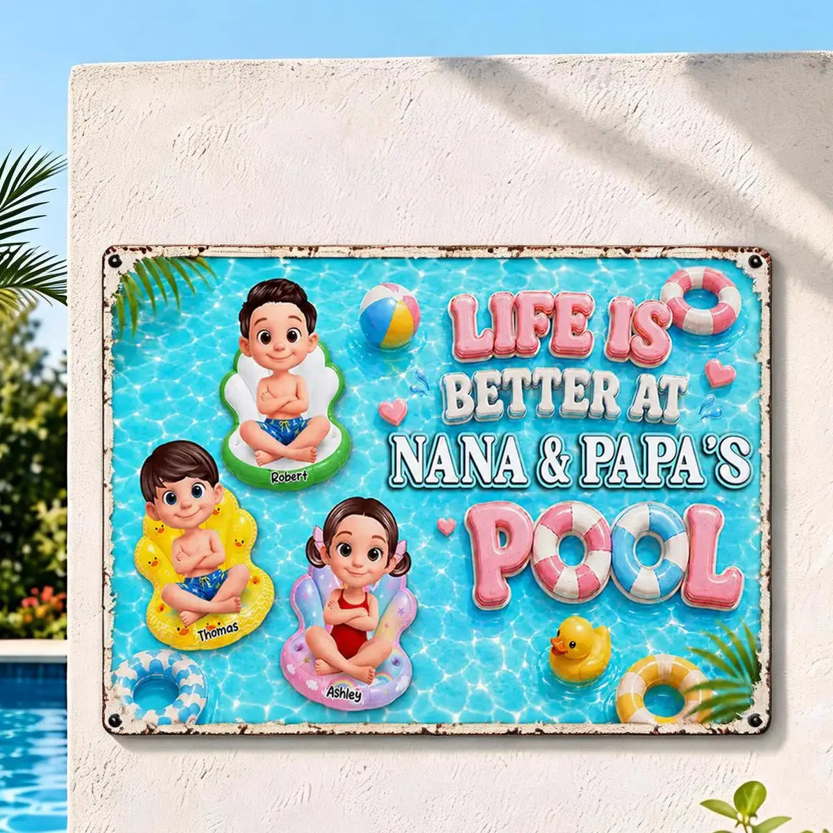 Personalized Rectangular Iron Sign, Kids on Pool Floats, Unique Gift for Nana & Papa's Pool