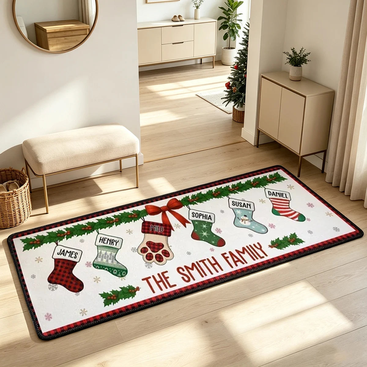 Premium Doormat with Personalized Family Stockings and Paw Print, Creative Christmas Gift for Pet Owners