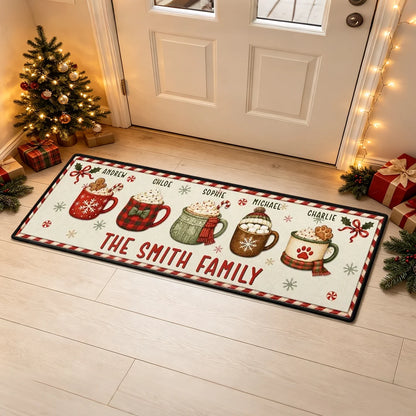 Personalized Standard Doormat with Red and Green Family Mugs, Unique Gift for Families and Pet Owners