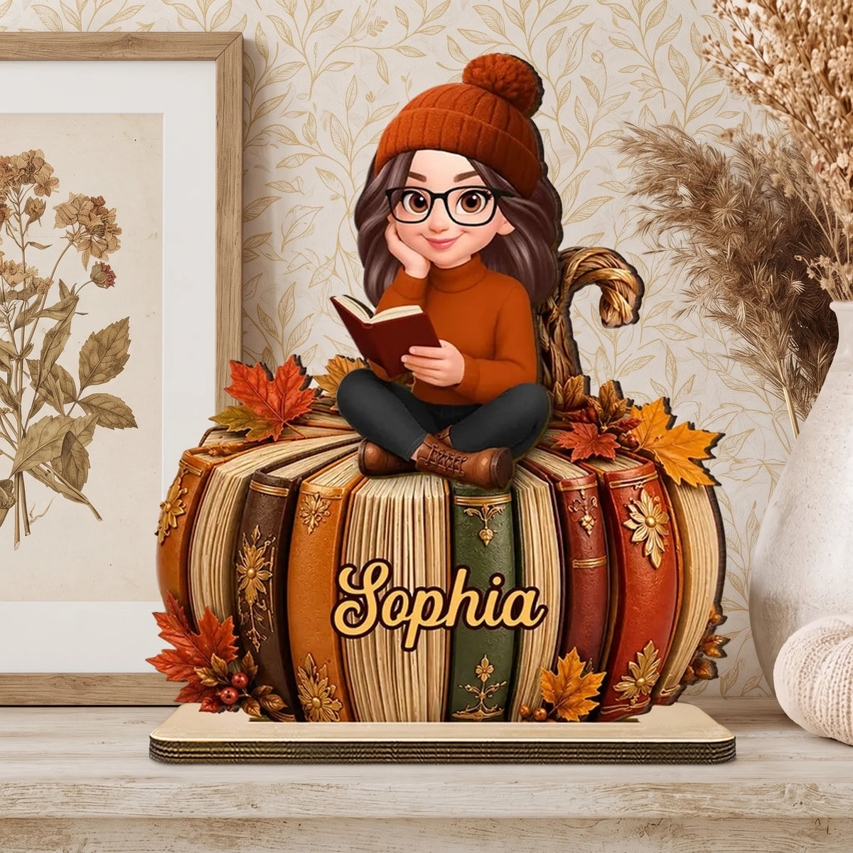 Personalized 2-Layer Wooden Plaque, Girl Reading On Pumpkin Books, Unique Gift For Book Lovers