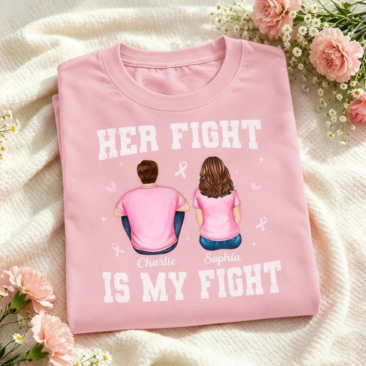 Her Fight Is My Fight Classic Tee, Personalized Seated Couple Illustration, Breast Cancer Awareness Support, Creative Gift