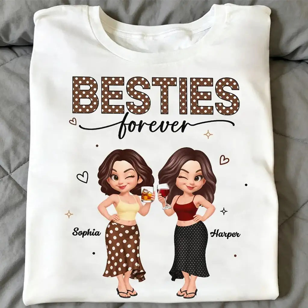 Personalized Besties Forever Classic Tee, Polka Dot Friends Holding Drinks, Unique Gift for Close Friend