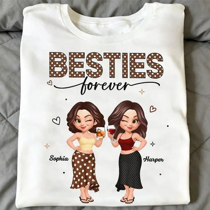 Personalized Besties Forever Classic Tee, Polka Dot Friends Holding Drinks, Unique Gift for Close Friend