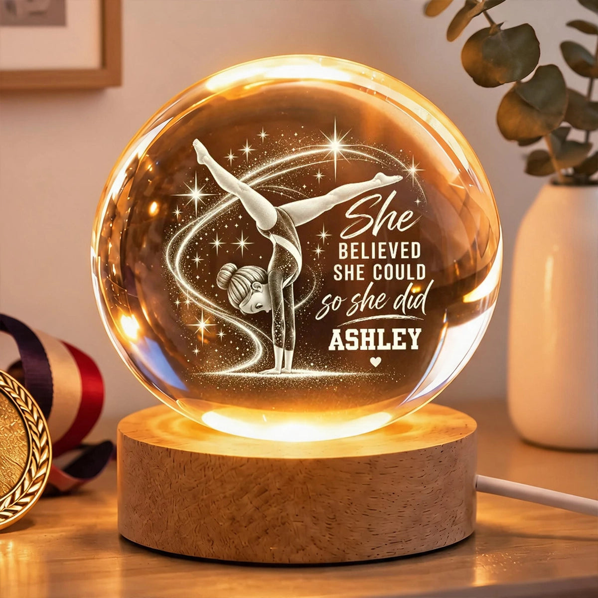 Personalized Globe Lamp with Handstand Gymnast, Warm Amber Unique Gift for Young Gymnast