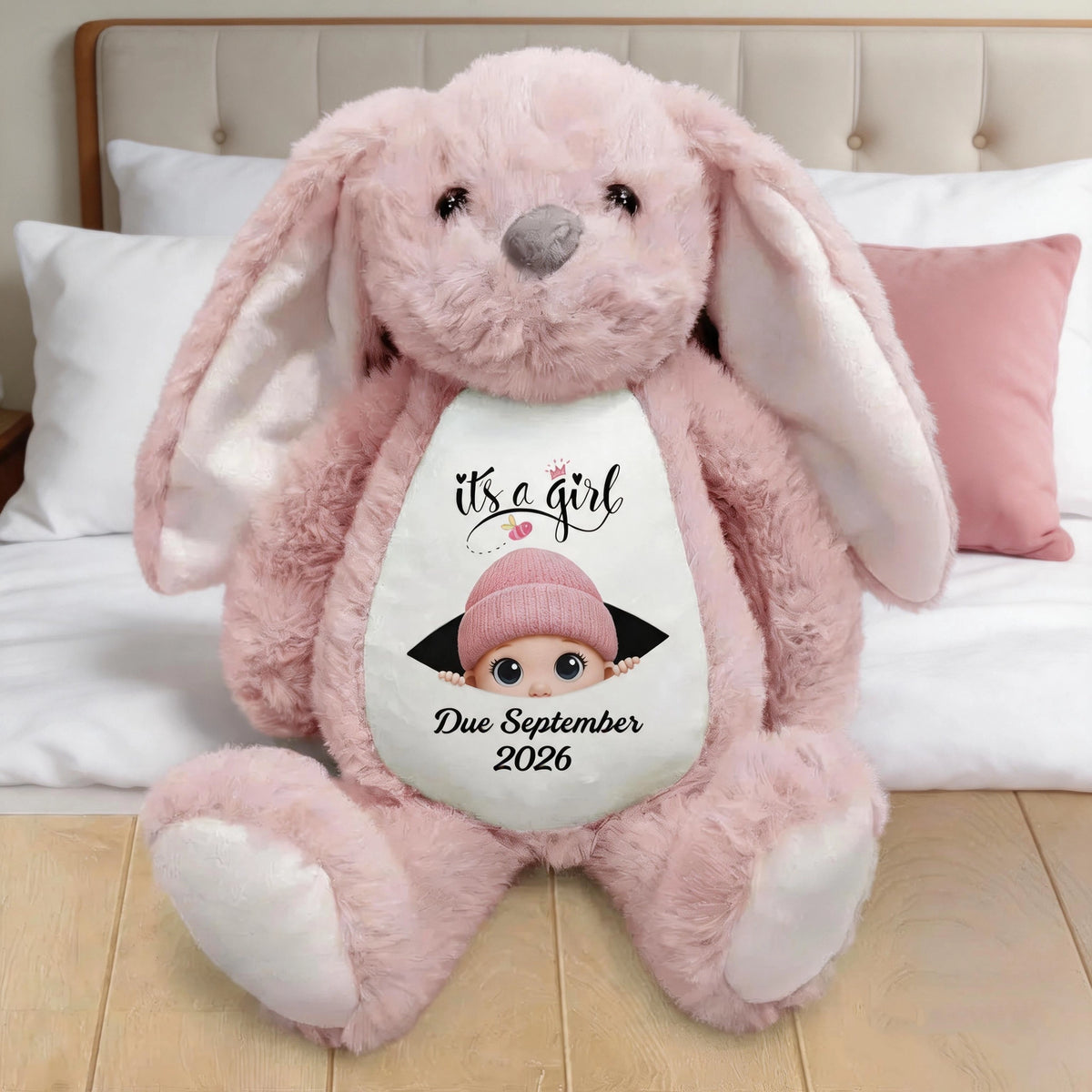 Personalized Plush Bunny Baby Announcement Gift, Pink It's a Girl Design, Unique Surprise Gift for Grandma & Grandpa
