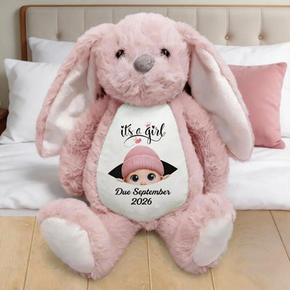 Personalized Plush Bunny Baby Announcement Gift, Pink It's a Girl Design, Unique Surprise Gift for Grandma & Grandpa