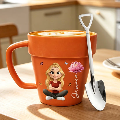 Personalized Plant Pot Mug, Sitting Plant Girl Artwork, Creative Gift for Nature Lover