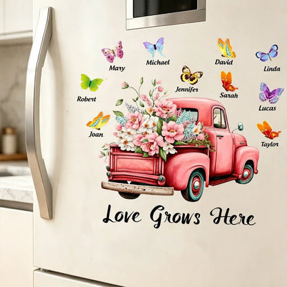 Personalized Floral Truck Family Decal with Butterflies, “Love Grows Here” Gift for Grandma