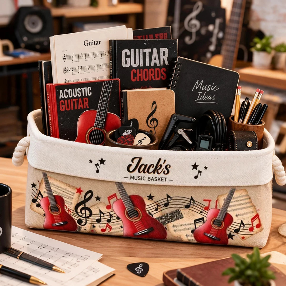 Personalized Cotton Linen Rope Basket with Vintage Guitars, Unique Music Room Gift for Guitarists