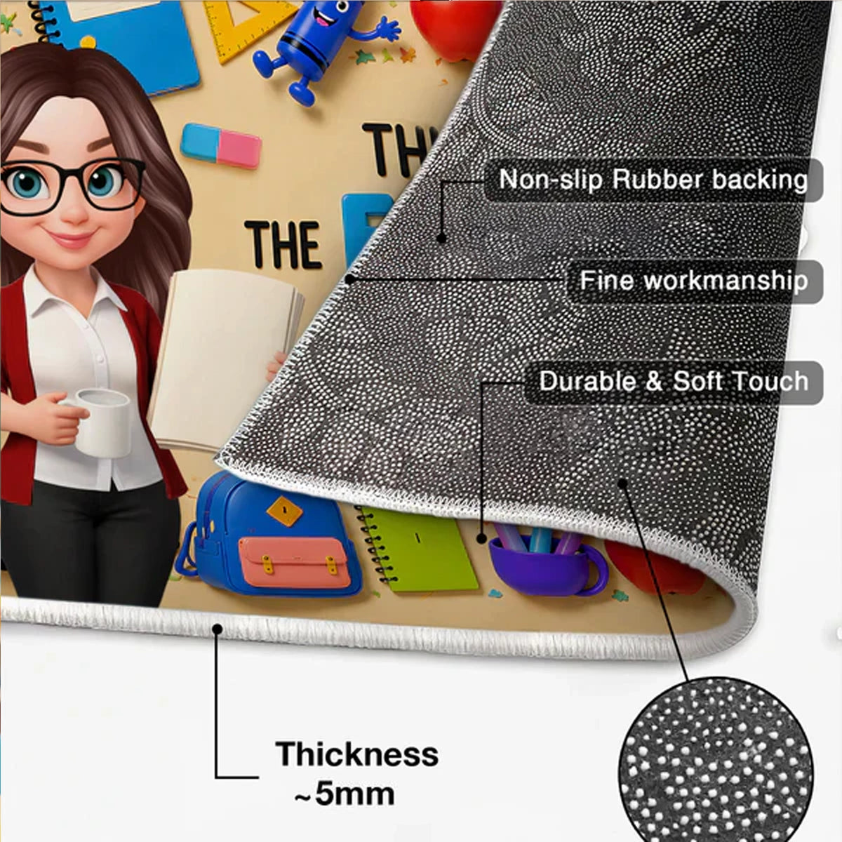 Personalized Standard Doormat With Standing Cartoon Teacher & School Supplies, Unique Teacher Gift