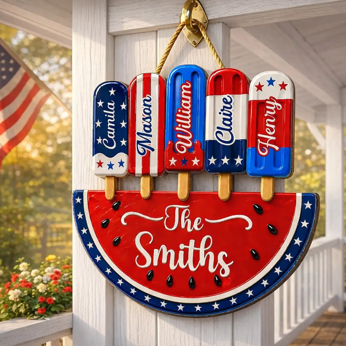 Personalized Patriotic Watermelon Wooden Sign with Popsicle Art, Creative Gift for Family Summer Decor