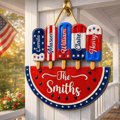 Personalized Patriotic Watermelon Wooden Sign with Popsicle Art, Creative Gift for Family Summer Decor