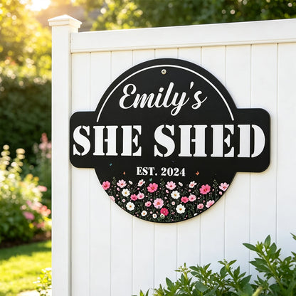 Personalized Shaped Metal Sign with Floral She Shed Design, Unique Gift for Women