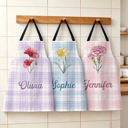 Personalized Floral 4-Pocket Apron in Soft Pastel Plaid, Unique Keepsake Gift for Mom, Sister or Friend