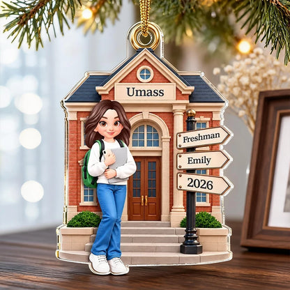 Personalized Acrylic Ornament, Colorful Freshman Holding Books on Campus, Unique Christmas Gift for Student