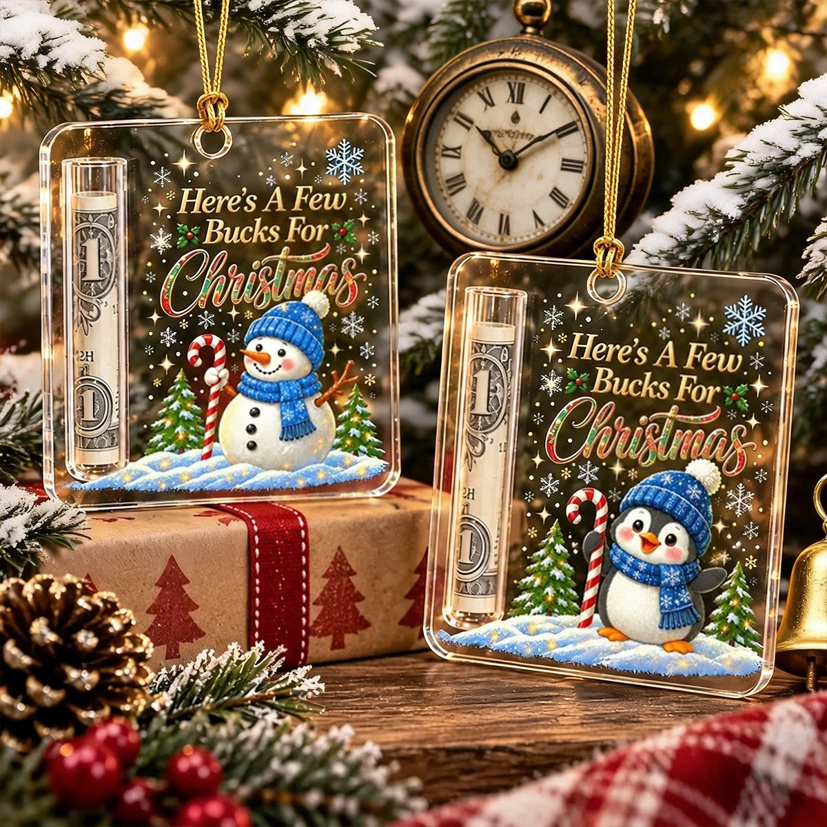 Personalized Acrylic Money Holder Ornament, Snowman or Penguin Christmas Scene, Unique Cash Gift