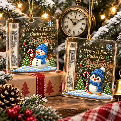Personalized Acrylic Money Holder Ornament, Snowman or Penguin Christmas Scene, Unique Cash Gift