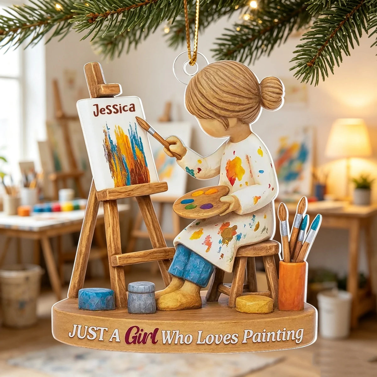 Personalized Acrylic Ornament, Girl Painting at an Easel, Unique Christmas Gift for Artist