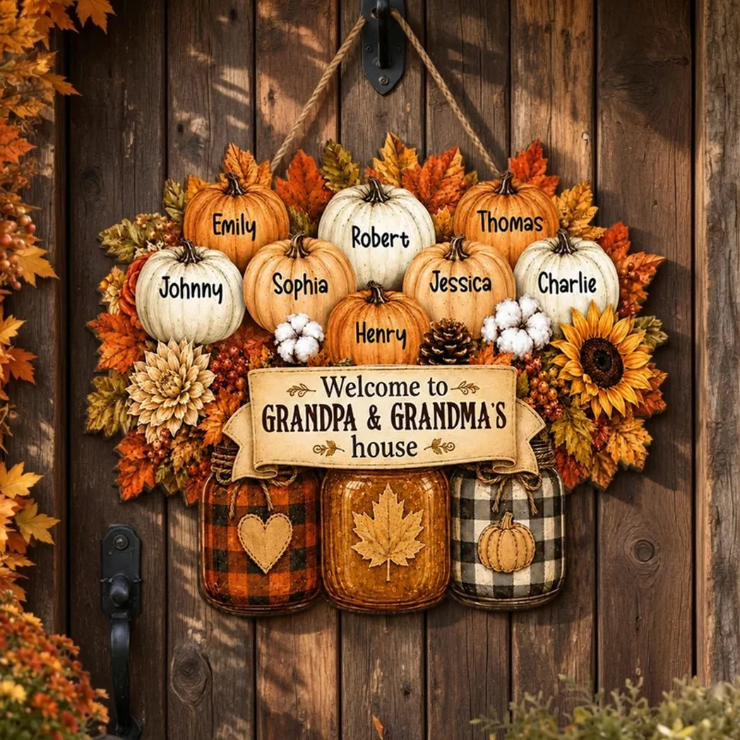 Personalized Wooden Sign with Fall Pumpkins for Porch Decor, Unique Gift for Grandma and Grandpa