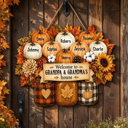 Personalized Wooden Sign with Fall Pumpkins for Porch Decor, Unique Gift for Grandma and Grandpa