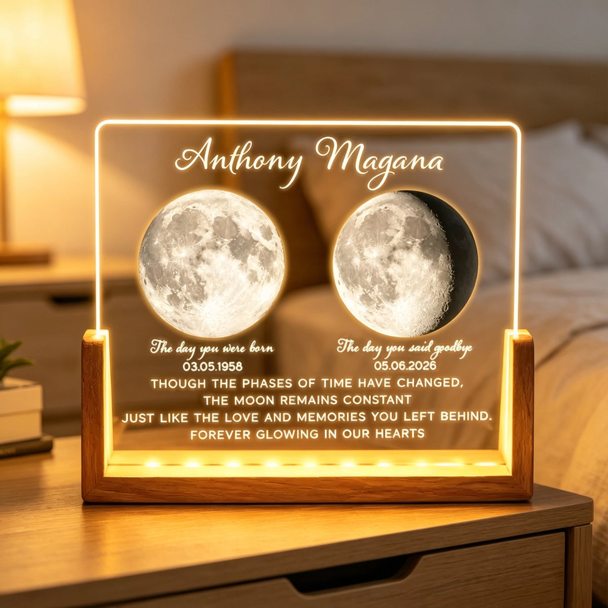 Personalized LED Light Frame with Moon Phase Memorial Art, Unique Sympathy Gift for Family Keepsake