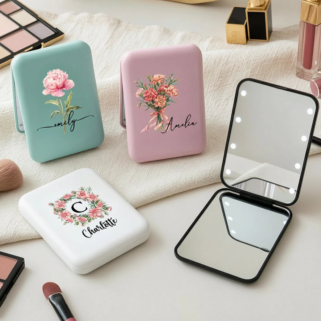 Floral LED Pocket Mirror, Personalized Creative Gift for Her with Soft Pastel Style & Everyday Glow
