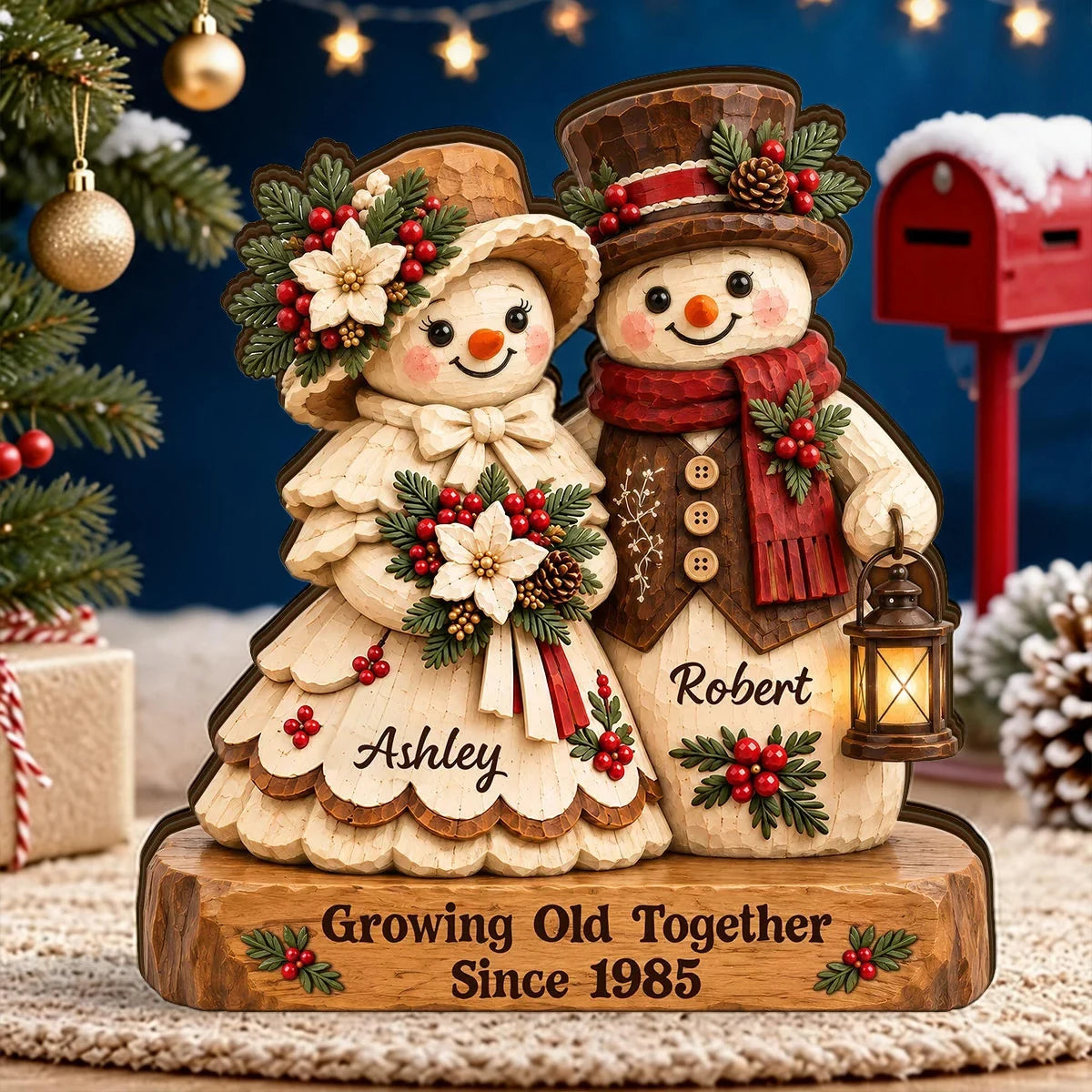 Growing Old Together Wooden Plaque, Personalized Cozy Snowman Couple, Creative Christmas Gift for Partners