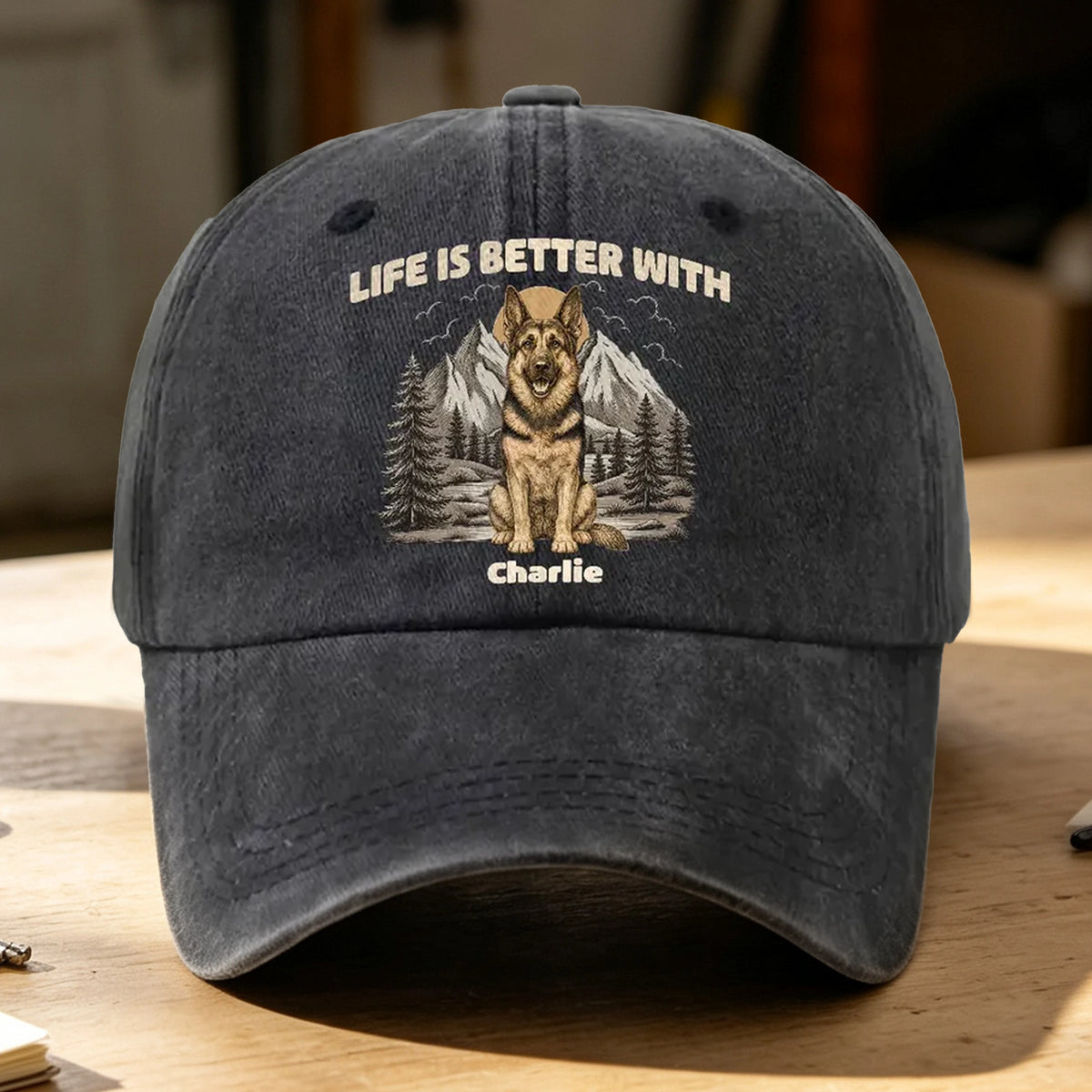 Personalized Washed Denim Baseball Cap, Mountain Dog Illustration, Unique Gift for Dog Lovers