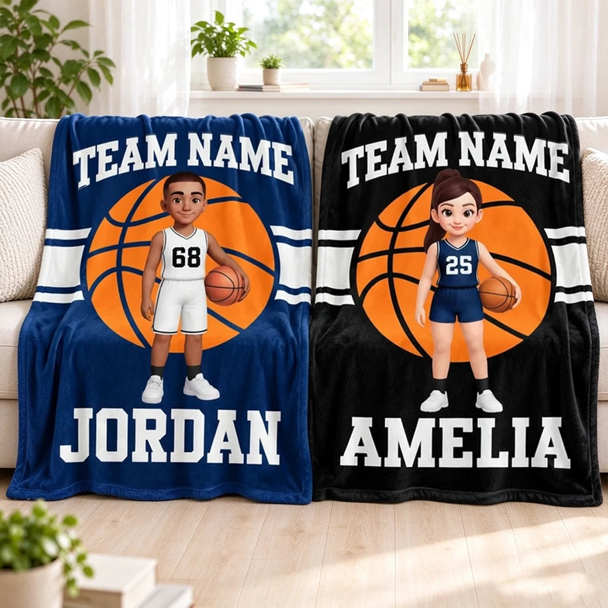 Personalized Fleece Blanket with Cartoon Player Holding a Basketball, Unique Gift for Young Athletes