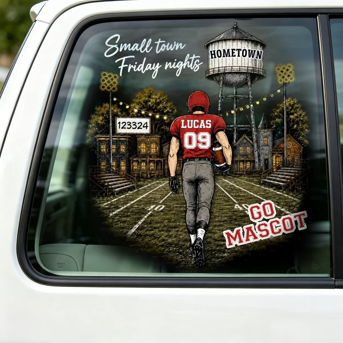 Small Town Friday Nights Sticker Decal, Walking Football Player Stadium Art, Personalized Creative Gift for Fans