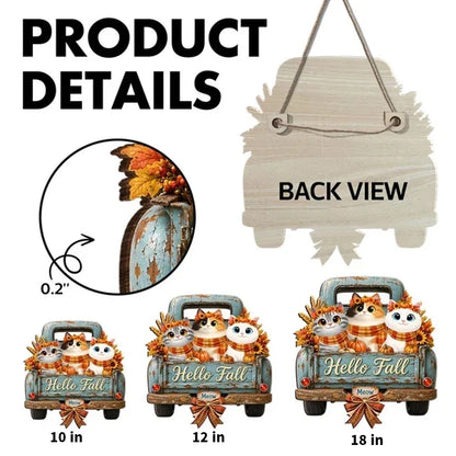 Personalized Wooden Sign with Cats in a Teal Vintage Truck, Rustic Fall Decor, Unique Gift for Cat Lovers