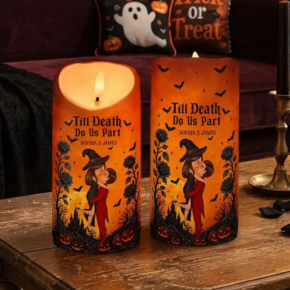 Personalized Flameless LED Candle With Kissing Couple, Halloween Decor, Unique Gift for Couple